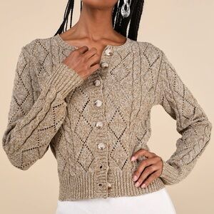 Lulu's Bundled Cutie Tan Taupe Marled Cable Knit Sweater